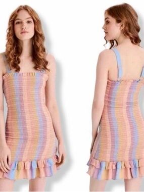 American Eagle smocked Pastel Striped Ruffle-Hem Dress